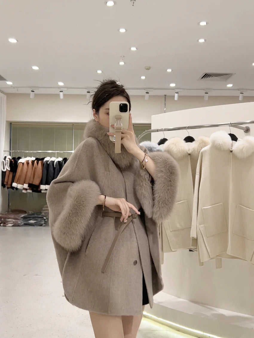 Luxurious fur cape coat