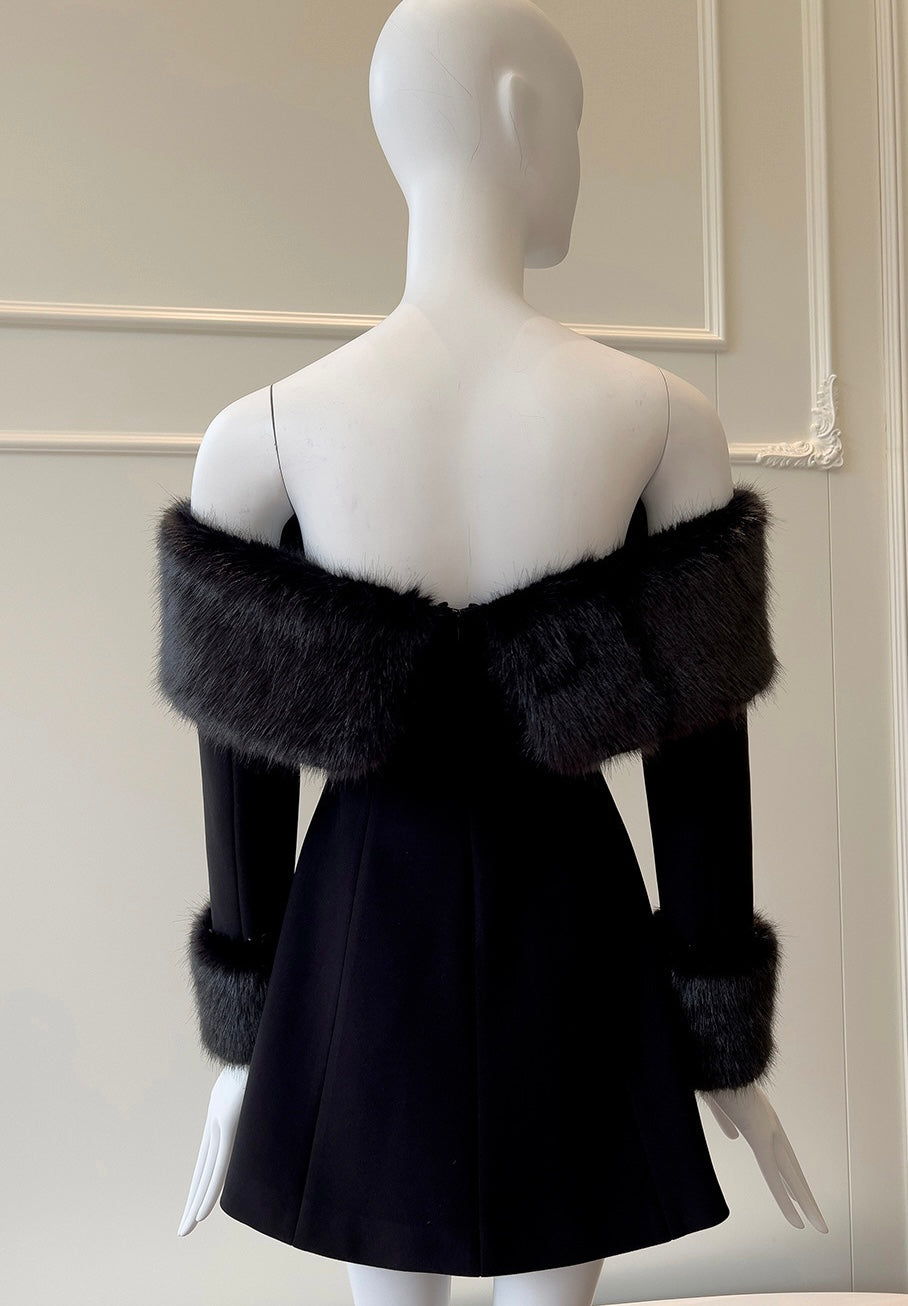 Fur short black dress