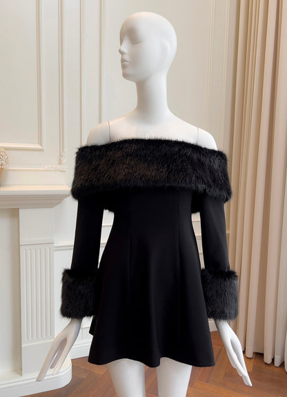 Fur short black dress