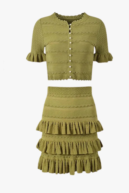 Pearl button knit ruffled co-ord set