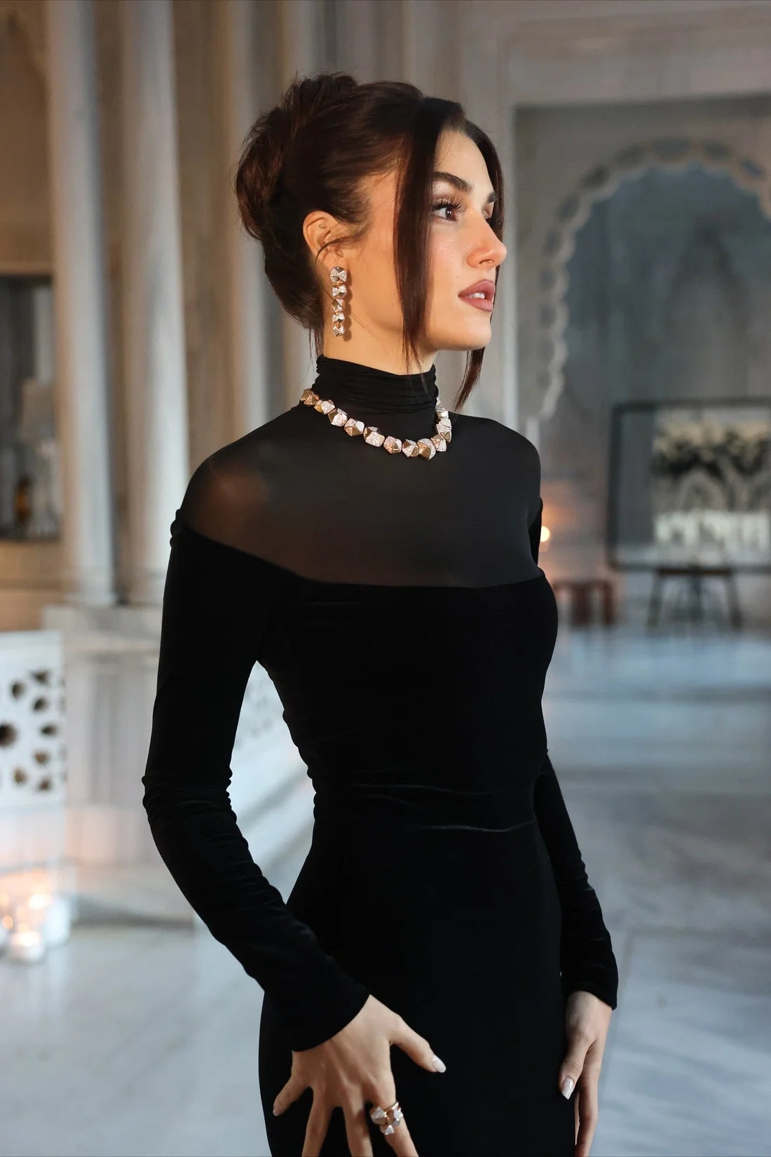 Velvet high neck long dress